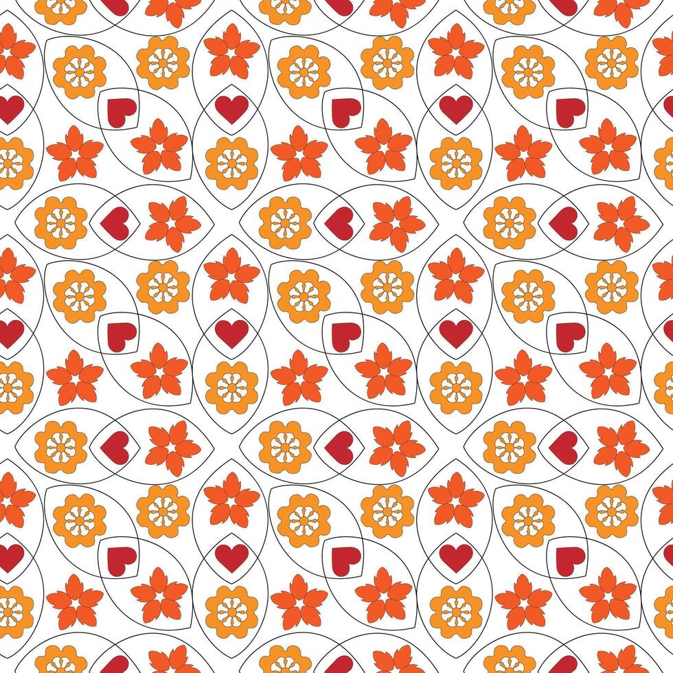 Elegant Floral and Heart Seamless Pattern with Geometric Leaf Motifs for Decorative and Textile Use. vector