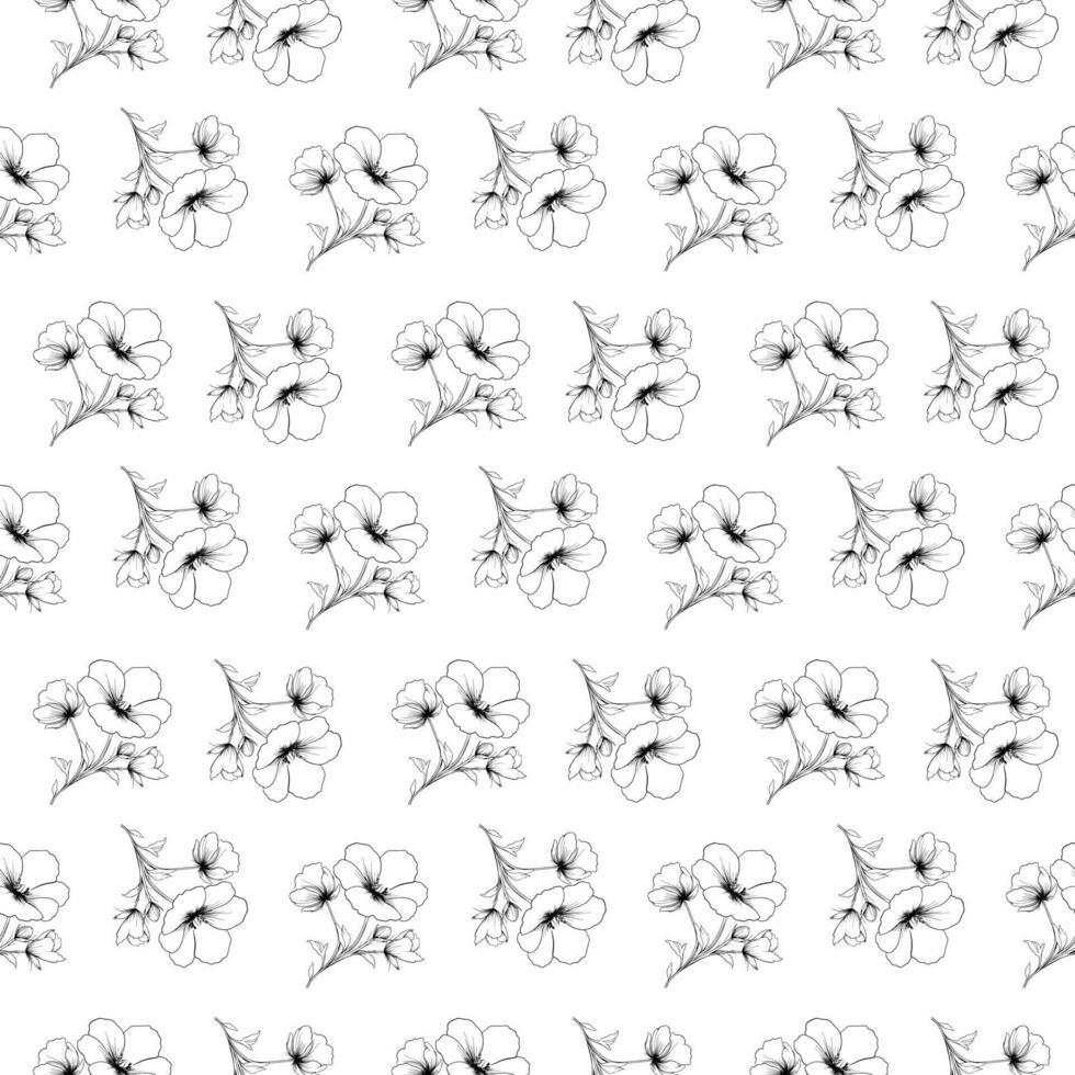 Seamless Hand Drawn Flower Pattern Black and White Line Art Floral Background . vector