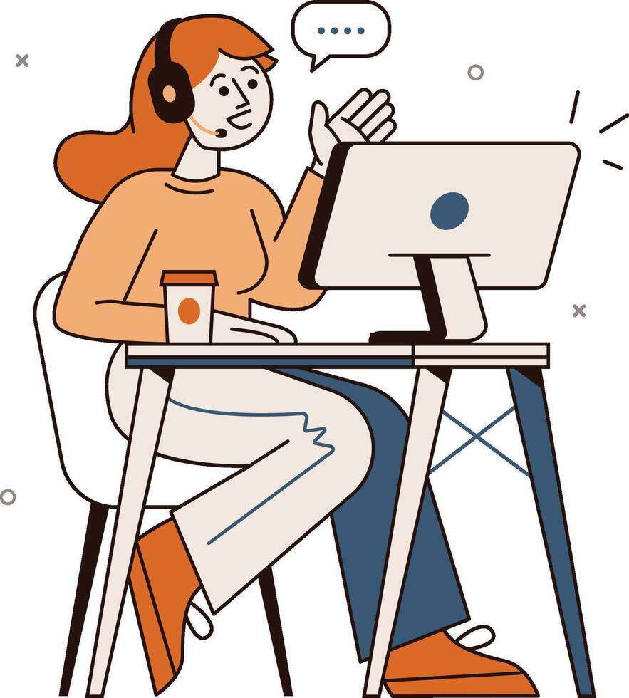 Woman Working at Desktop with Coffee vector