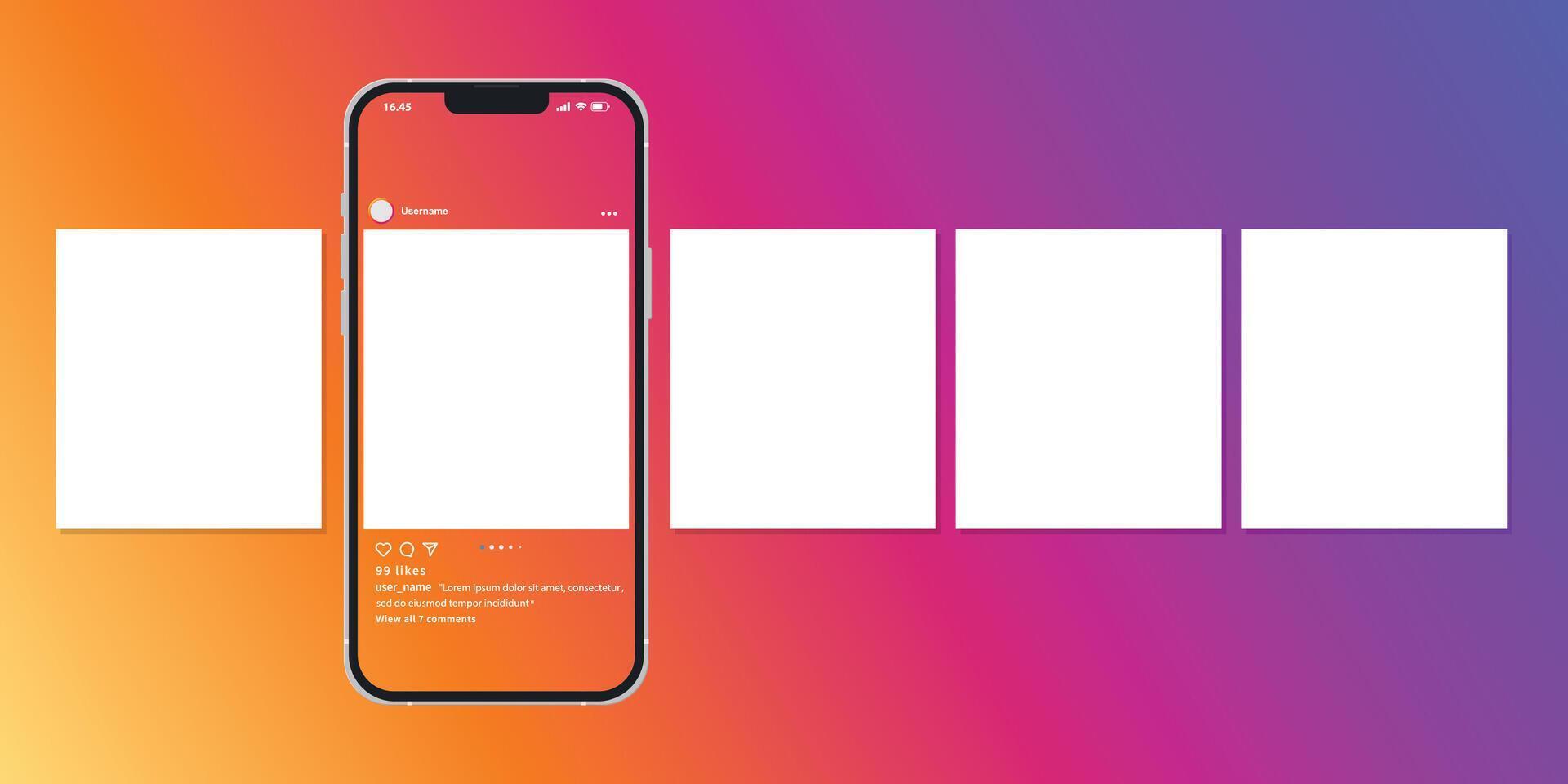 Social media carousel with smartphone. Modern design concept. Blank post for social network. Isolated template with mobile device. Illustration of media stories in frame. vector