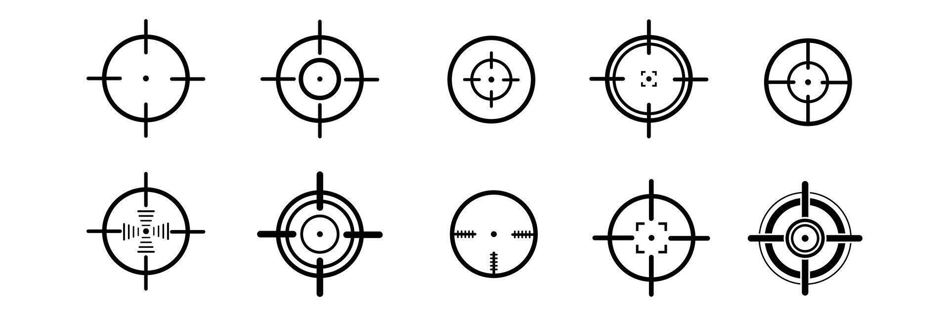 Aim or target cross symbol in circle. Illustration of weapon sign of sniper or sharpshooter. Aiming bullseye in flat design in outline style. Optical game weapon. Aim sight for hunting. vector