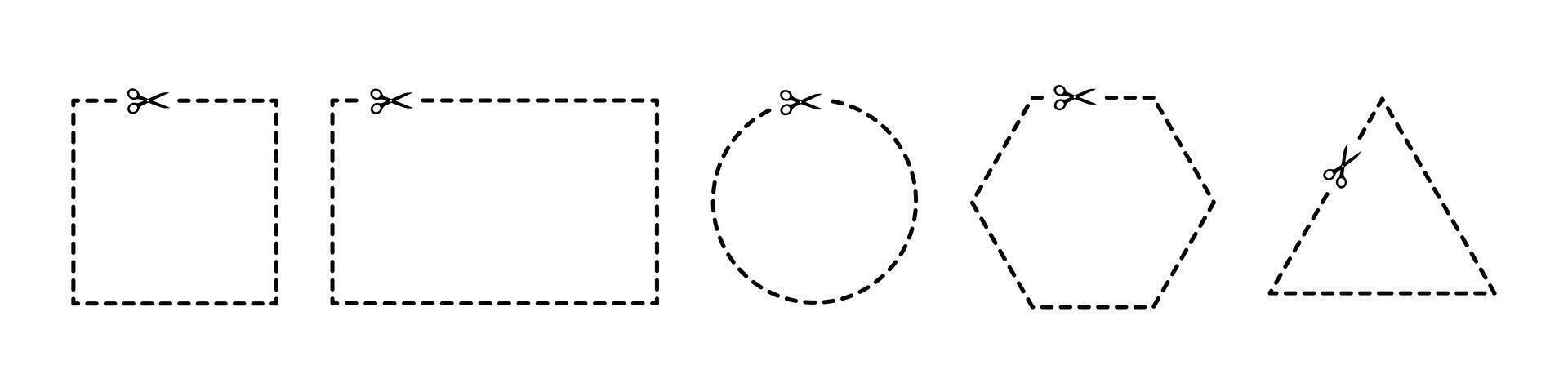 Cutting scissors set. Dotted coupon border. Scissors silhouette in white backgroun. Dashed discount symbol. Dotted circle, square, triangle and rectangle. vector