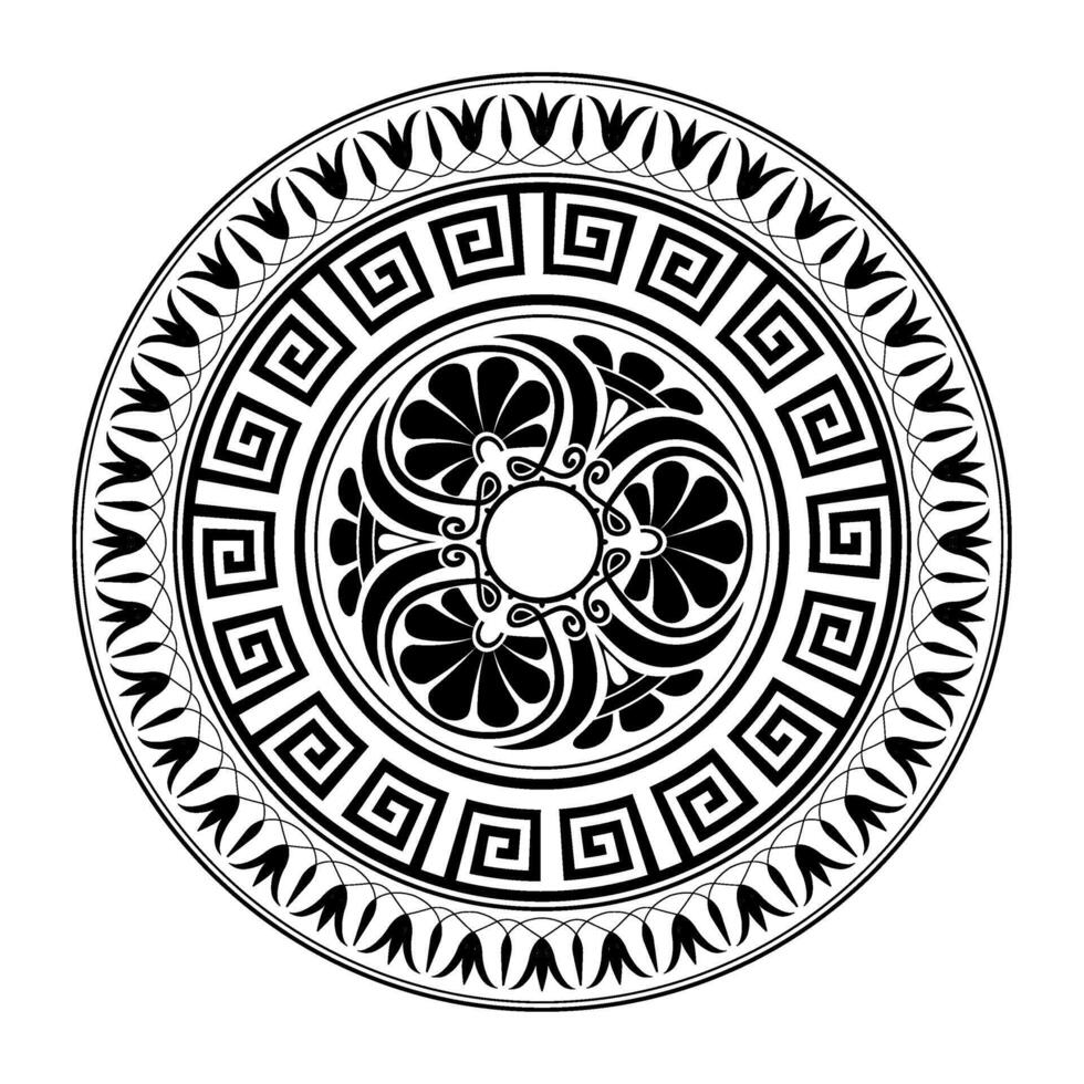 Greek black round ornament on white background. Round ornament with Greek key meanders. Greek key. Greek pattern. Typical egyptian, assyrian motives, circle border. Illustration vector
