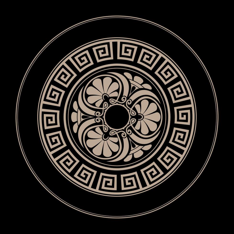 Greek round ornament. Ornamental gold pattern on a black background. Round ornament with Greek key meanders. Greek key. Typical egyptian, assyrian motives, circle border. Illustration vector