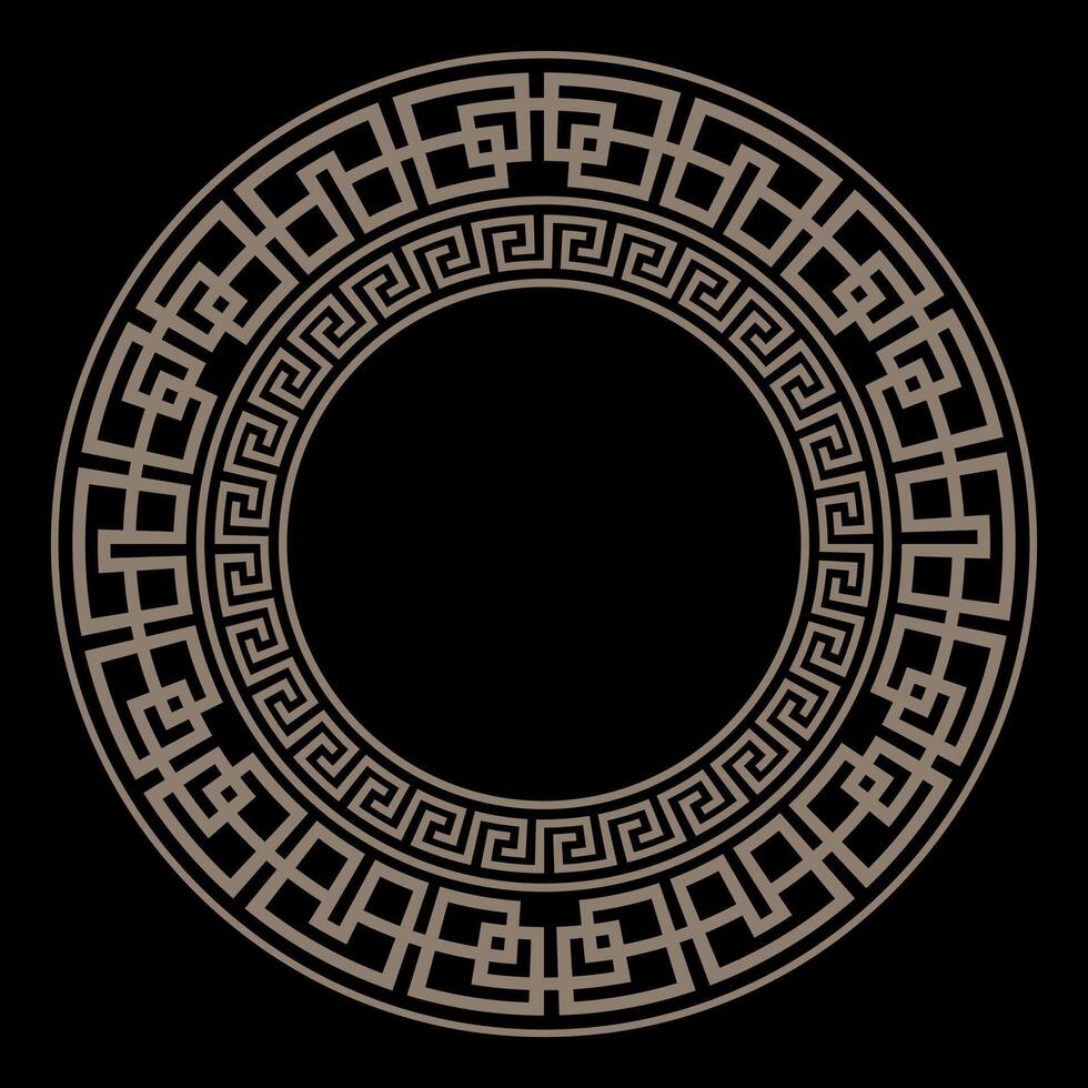 Decorative gold round frame for design with Greek key, meander. Egyptian, Assyrian, Greek motif circular frame. Circle frame. Template for textiles, engraving, forging, embroidery, porcelain vector