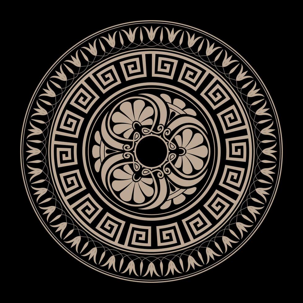 Greek golden round ornament on black background. Greek pattern. Round ornament with Greek key meanders. Greek key. Typical egyptian, assyrian motives, circle border. Illustration vector