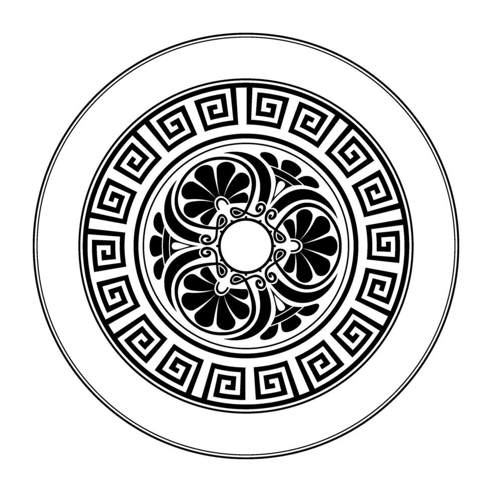 Greek round ornament. Ornamental black pattern on a white background. Round ornament with Greek key meanders. Greek key. Typical egyptian, assyrian motives, circle border. Illustrati vector