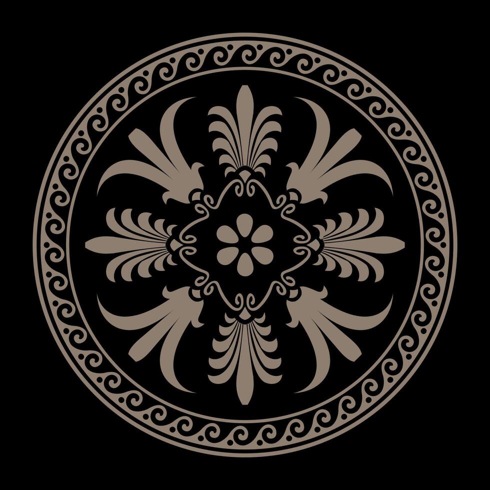 Gold round classic frame plate with pattern in center. Greek meander. Circle european border. Round antique border. Patterns of Greece, ancient Rome. Classic egyptian, assyrian, greek motives vector