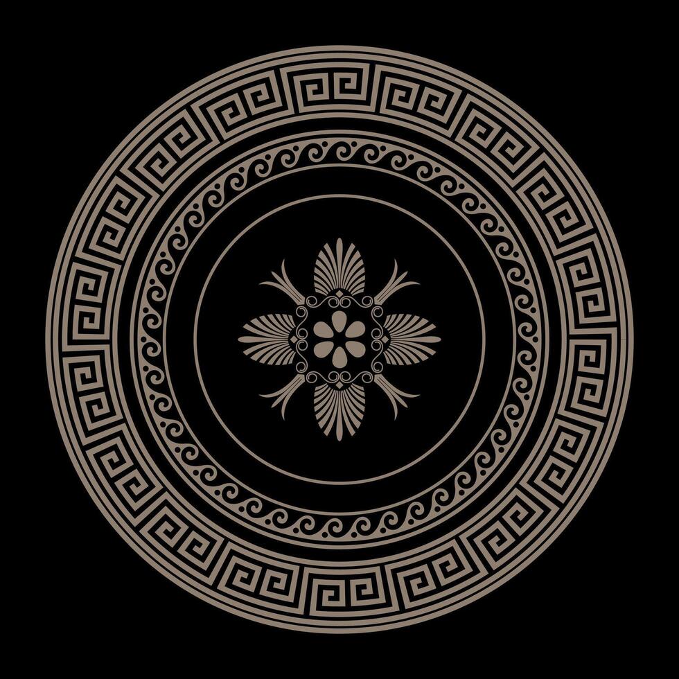 Greek classic gold round pattern frame plate with pattern in center. Greek meander. Circle european border. Patterns of Greece, ancient Rome. Classic egyptian, assyrian, greek motives vector