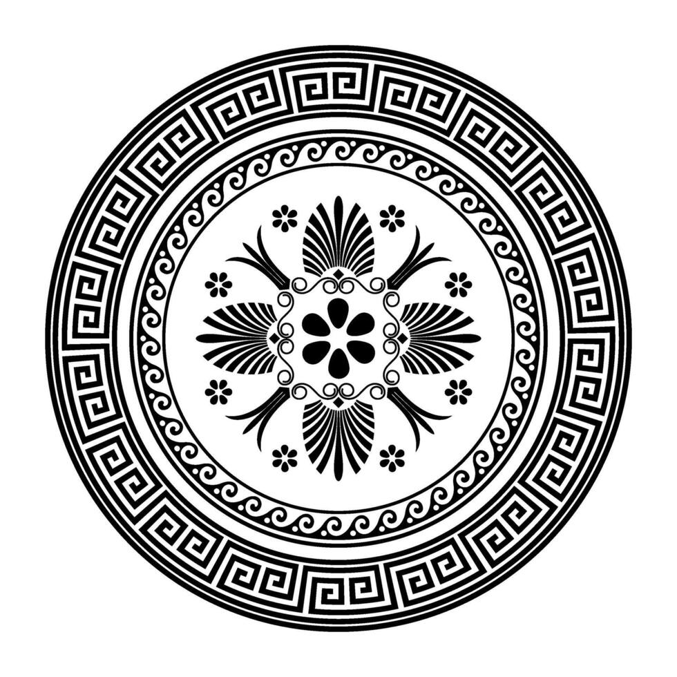 Greek round ornament pattern frame plate with pattern in center. Greek meander. Circle european border. Patterns of Greece, ancient Rome. Classic egyptian, assyrian, greek motives vector