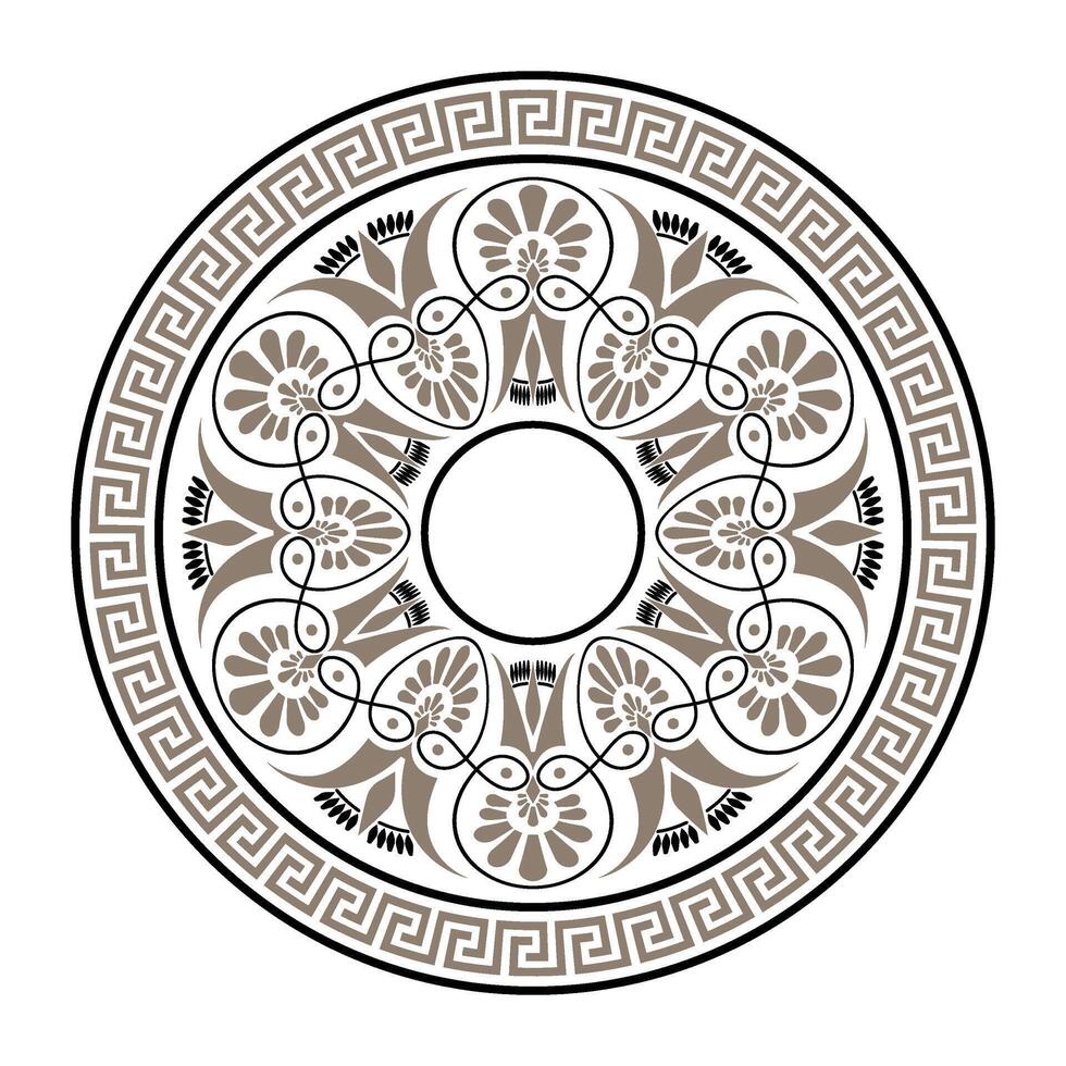 Ornamental golden black pattern on a white background. Round ornament with Greek key meanders. Greek key pattern. Greek circle ornament. Typical egyptian, assyrian motives, circle border. Illustration vector