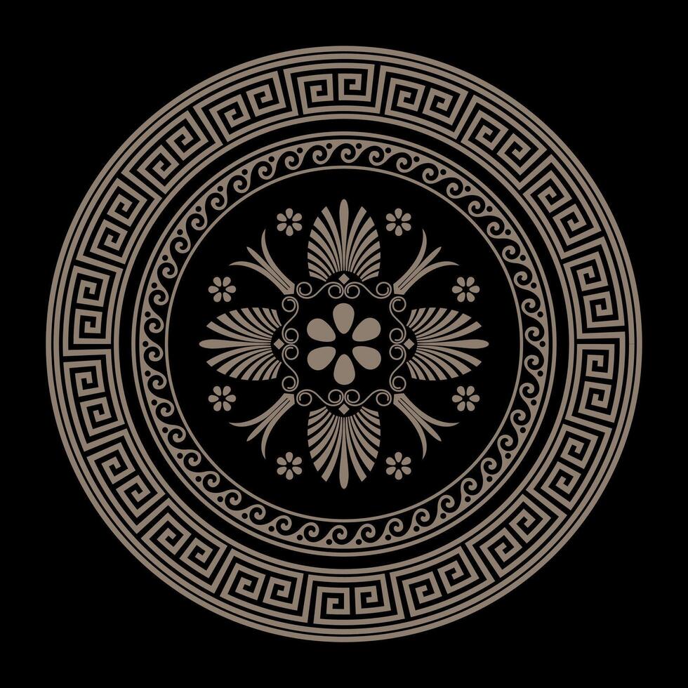 Golden Greek round ornament pattern frame plate with pattern in center. Greek meander. Circle european border. Patterns of Greece, ancient Rome. Classic egyptian, assyrian, greek motives vector
