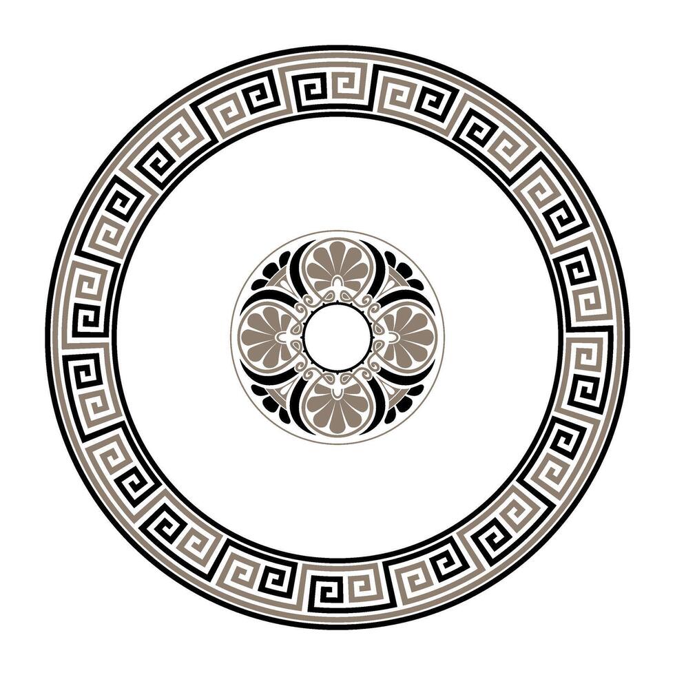 Greek round frame in golden black colors with a pattern in the center of the plate. Greek key, meander pattern. Patterns of Ancient Greece, ancient Rome Empire. Typical egyptian, assyrian, greek motiv vector