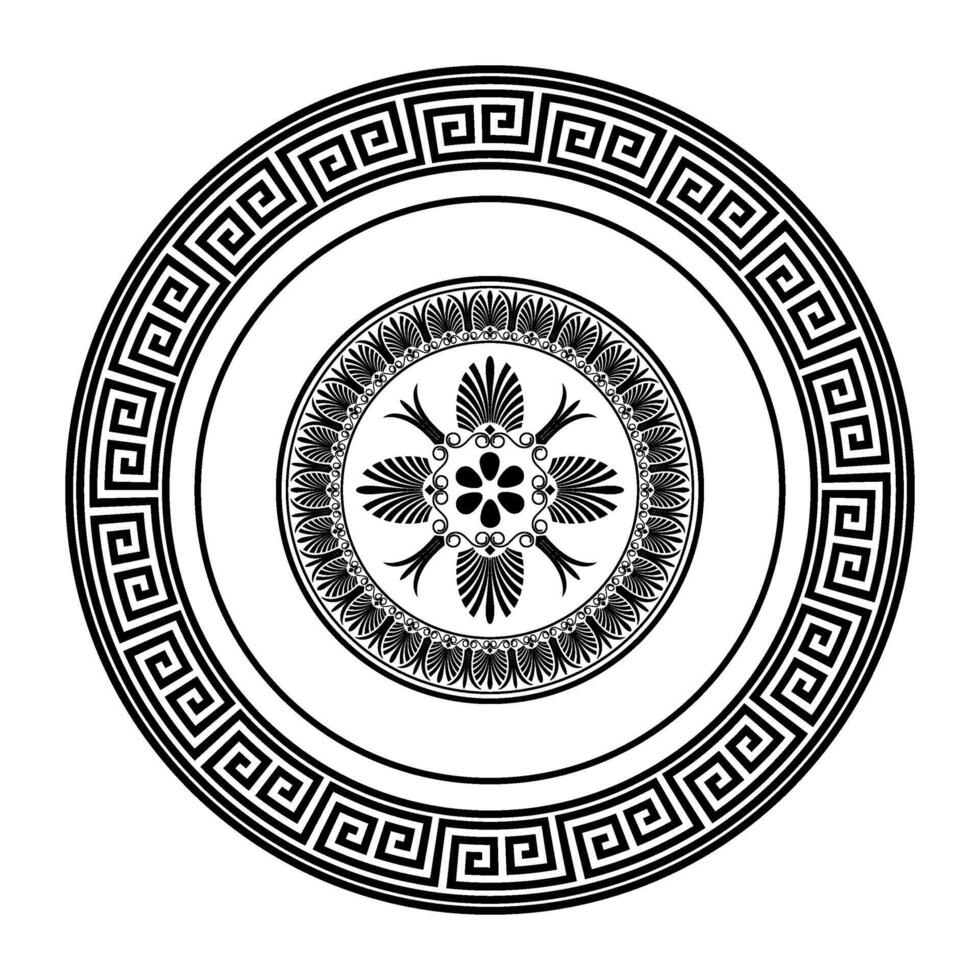 Round monochrome classic frame plate. Greek meander. Patterns of Greece and ancient Rome. Circle european border. Round antique border from Greek. Typical egyptian, assyrian, greek motives vector