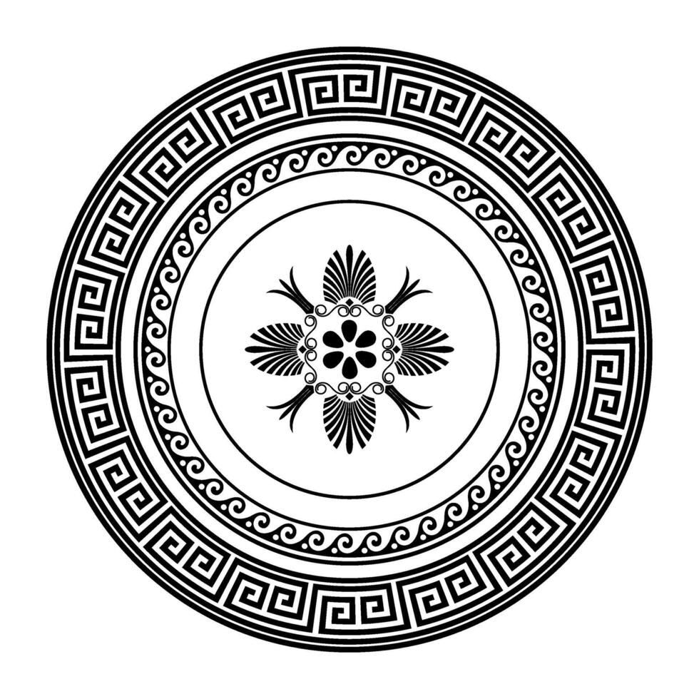 Greek classic round pattern frame plate with pattern in center. Greek meander. Circle european border. Round antique border. Patterns of Greece, ancient Rome. Classic egyptian, assyrian, greek motives vector