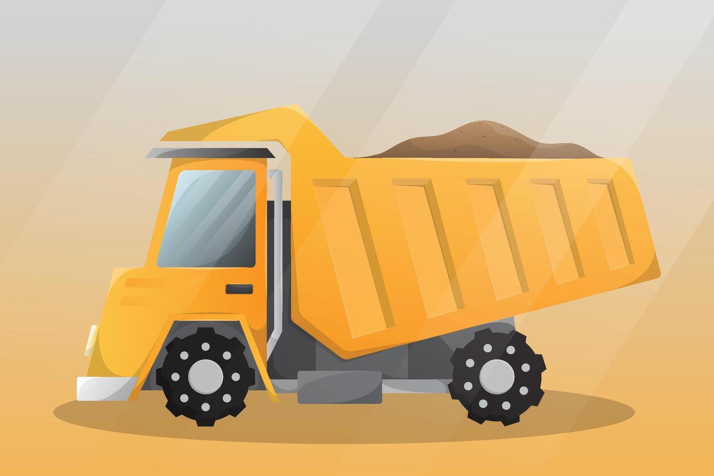 Dump truck tipper illustration. Heavy industrial machinery equipment vehicle. Truck for transportation of construction goods. Mechanism with large capacity for delivery of bricks. Yellow mining car. vector