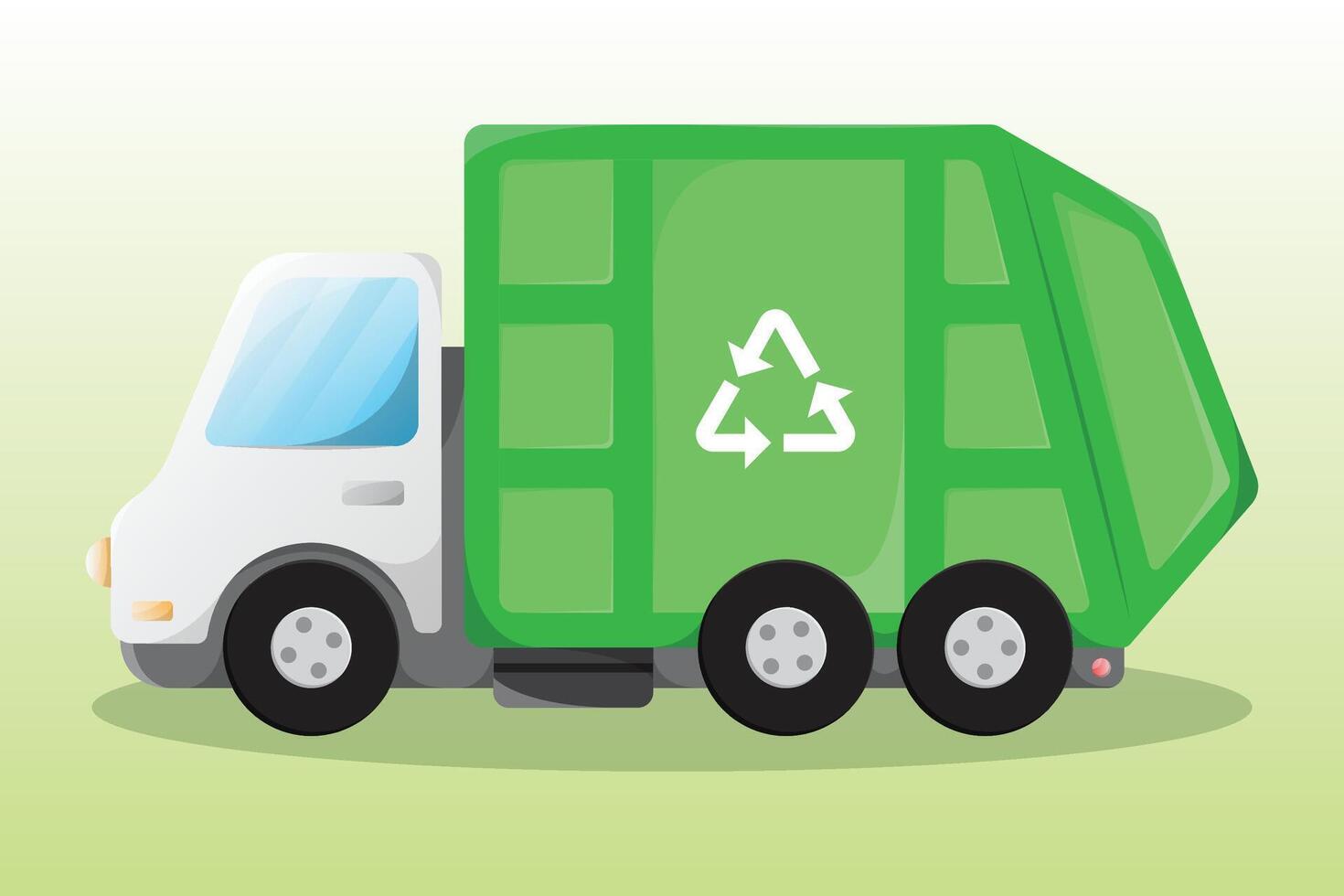 Side view cartoon garbage truck illustration. Trash recycling and reuse. Caring for environment, nature and ecology, reducing release of hazardous waste. vector