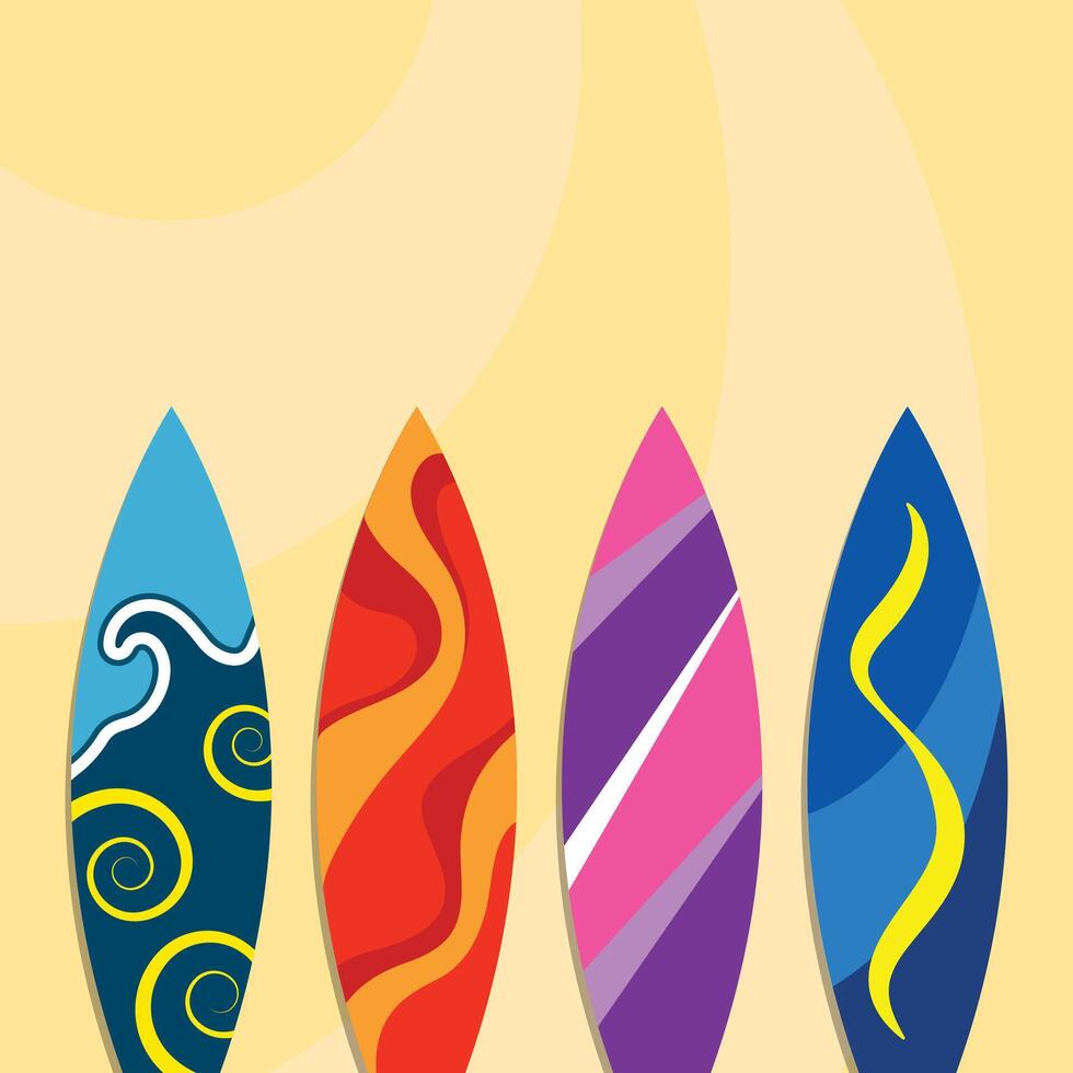 Summer post template. Set of colorful illustrations surfboards. collection of extreme activity equipment for surfing. vector