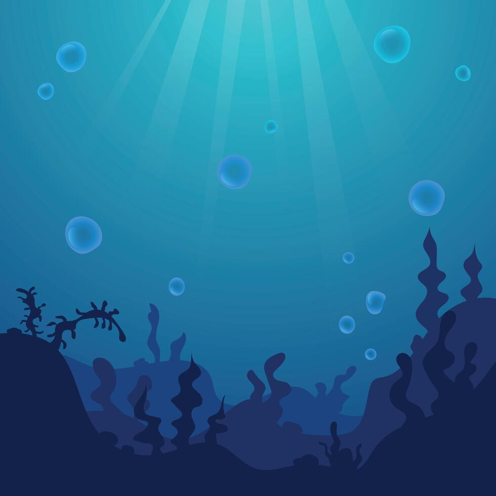 Summer time text with underwater ocean landscape. Silhouette of algae and reefs. Seabed background with ocean flora, corals and bubbles. vector