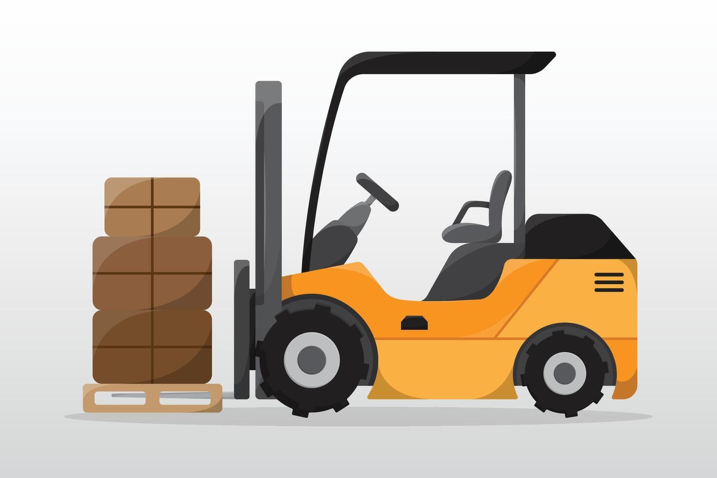 Side view cartoon forklift illustration. Forklift with fork extensions industrial cargo logistic lift. Freight machine transportation warehouse and construction service vehicle. vector