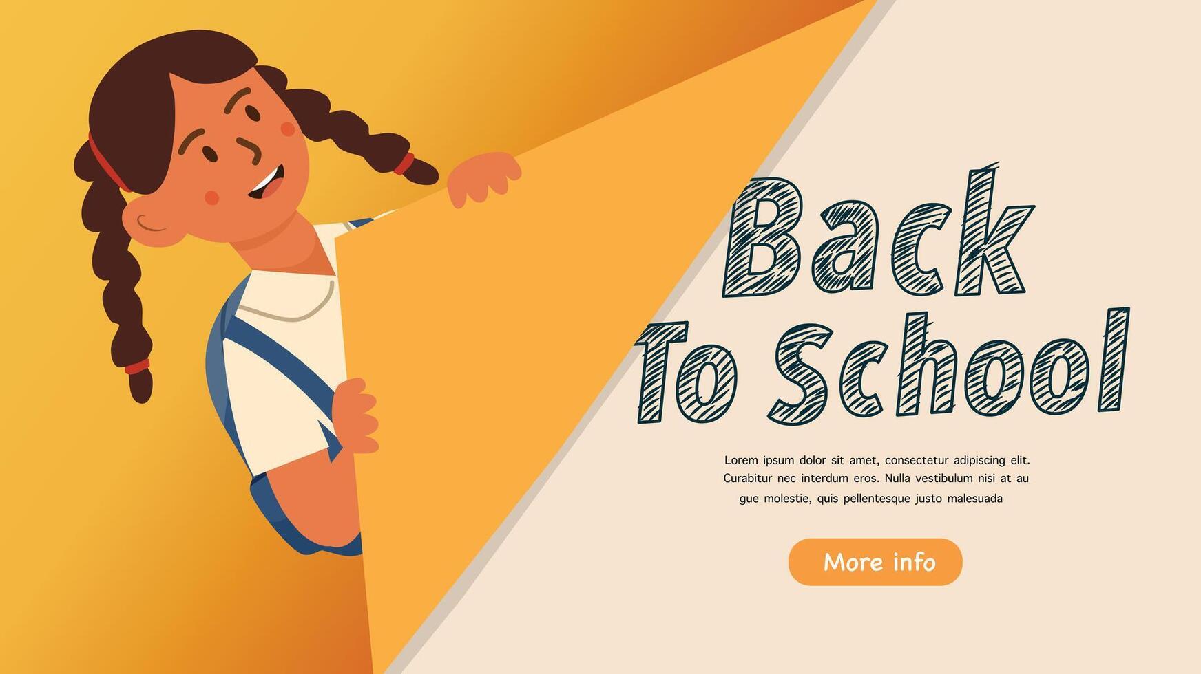 Cute cartoon girl holding open page revealing back to school text on orange background vector