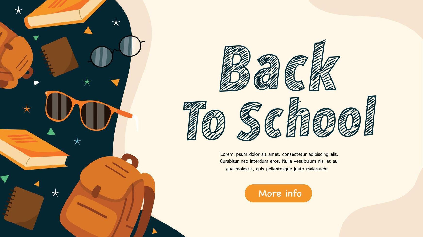 Top view of backpack books and glasses with back to school text in a modern layout vector