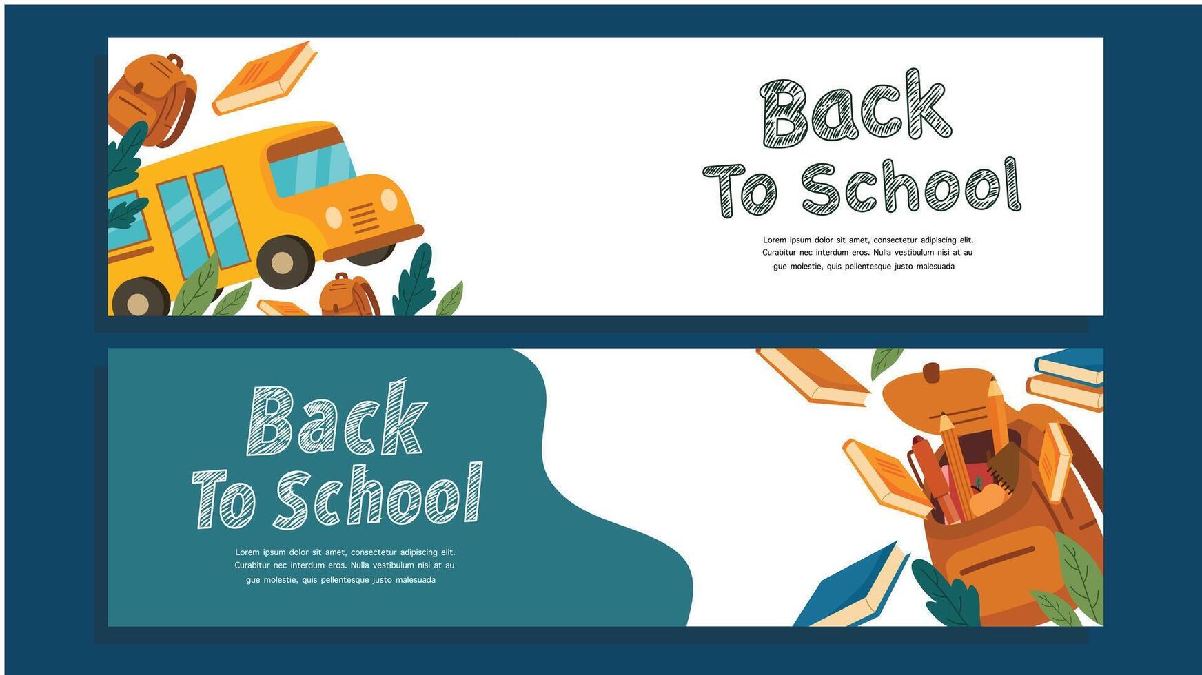 Two horizontal banners showing school bus backpack books and back to school message vector