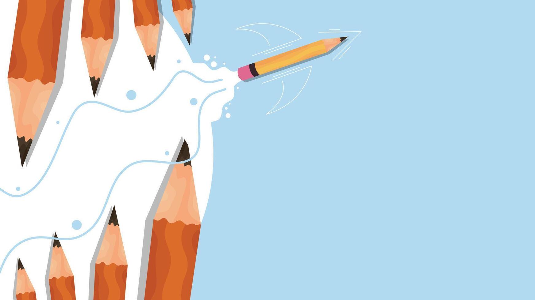 A pencil shoots out from colored pencils making a creative splash on light blue background vector