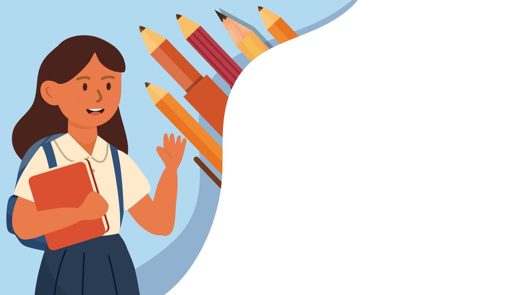 Cartoon girl standing with giant colored pencils and blank space for educational message vector