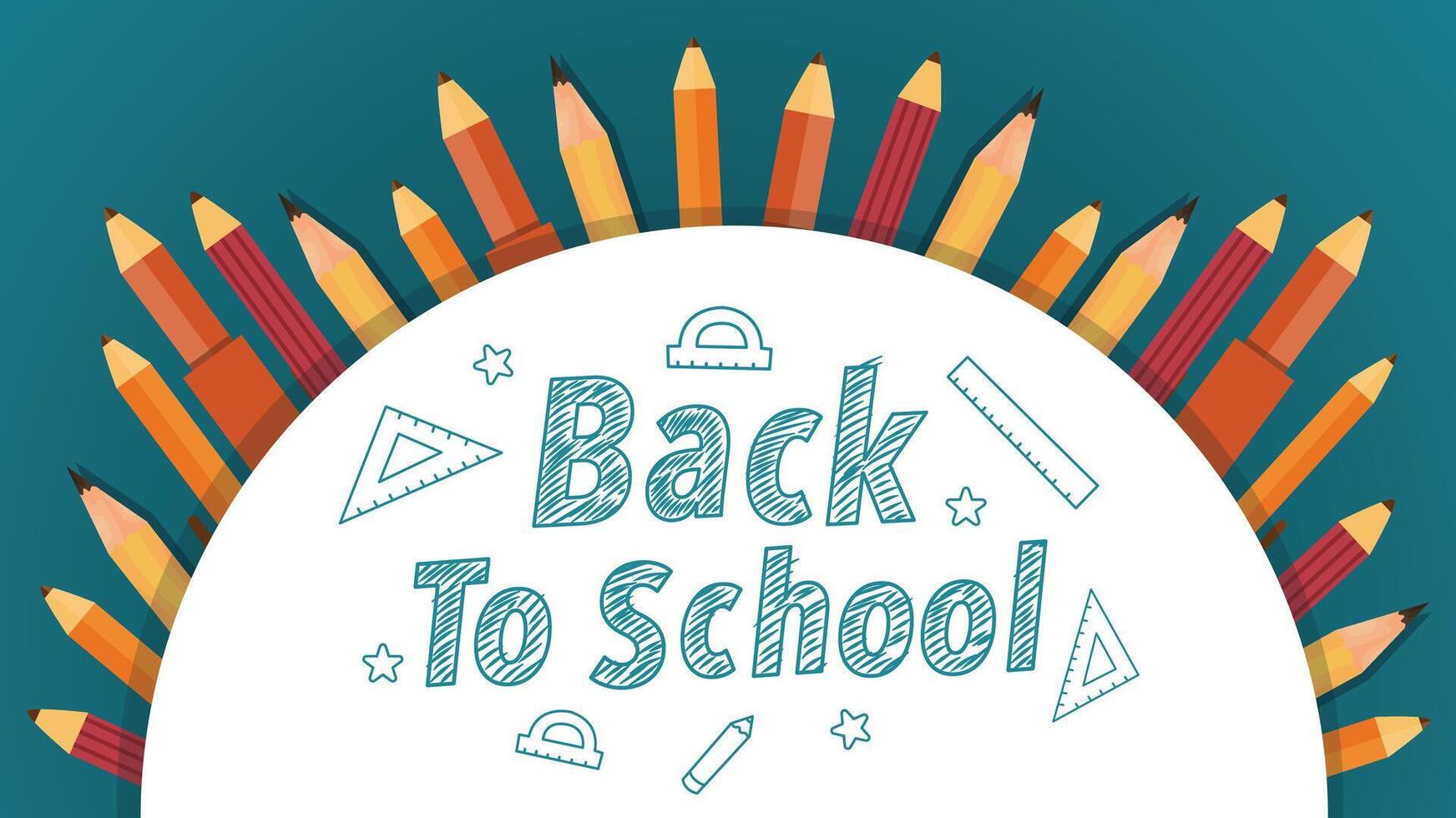 Crayons forming arc with chalk-style school text and white central circle on blue background vector