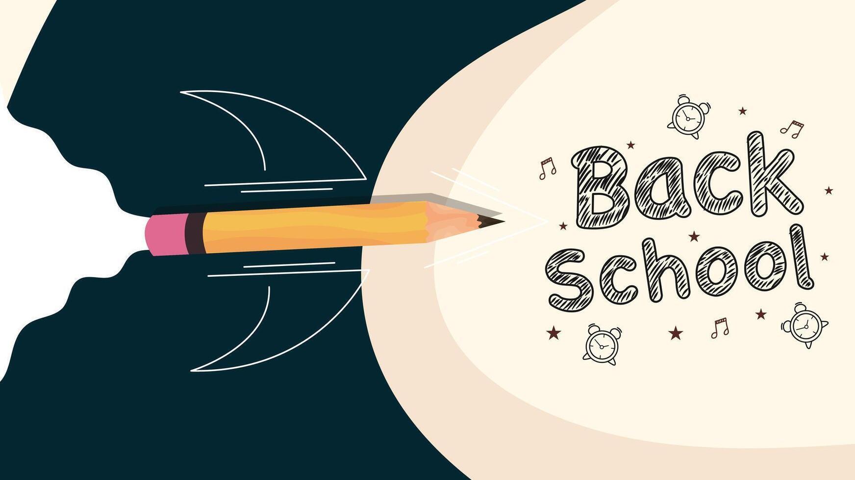 Flying pencil rocket design with creative typography and doodles on light background vector