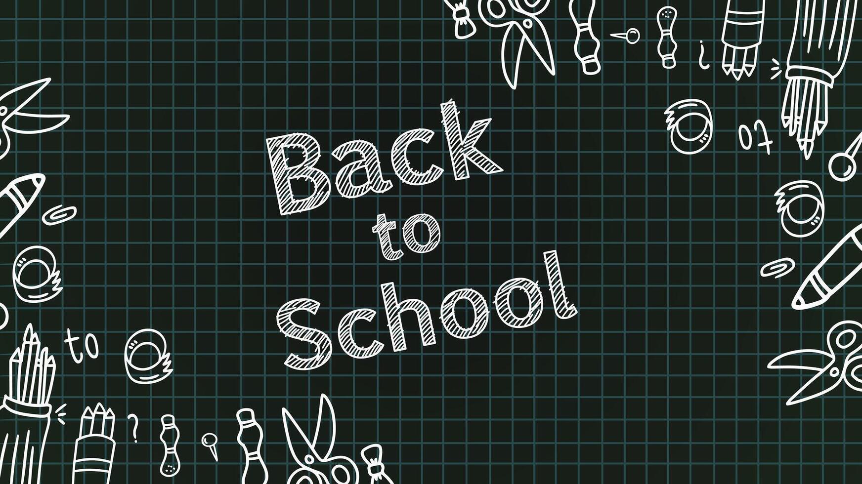Simple back to school chalkboard design with white doodle sketch elements and green grid pattern background vector