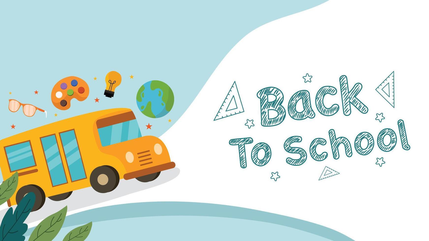 Colorful school elements with bus globe and palette surrounding chalk back to school message vector