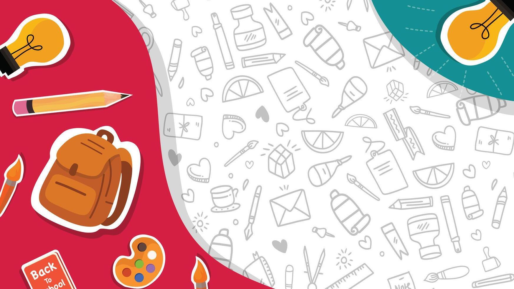 Creative back to school illustration with colorful red teal corner doodle study elements and supplies vector