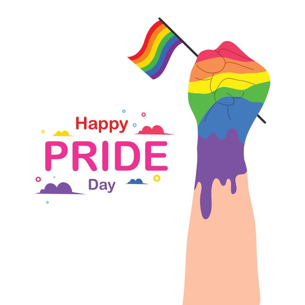 Happy pride day text with waving rainbow hand flag vector