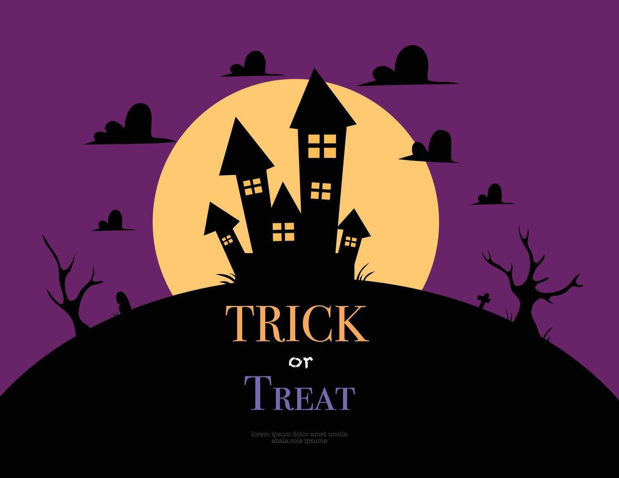 Haunted castle silhouette with trick or treat sign below vector