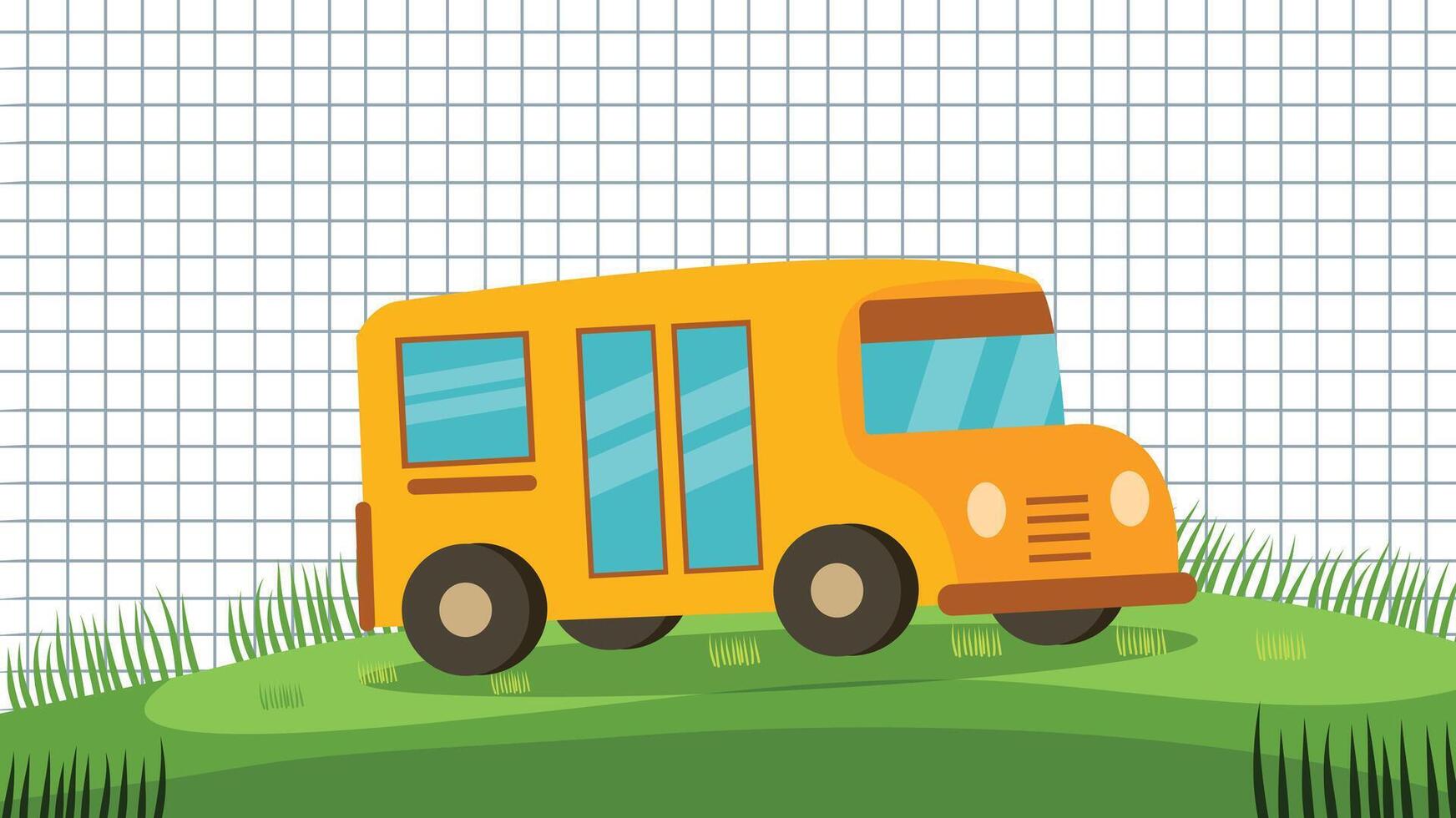 Cute back to school with yellow school bus illustration standing on green grass with grid background vector