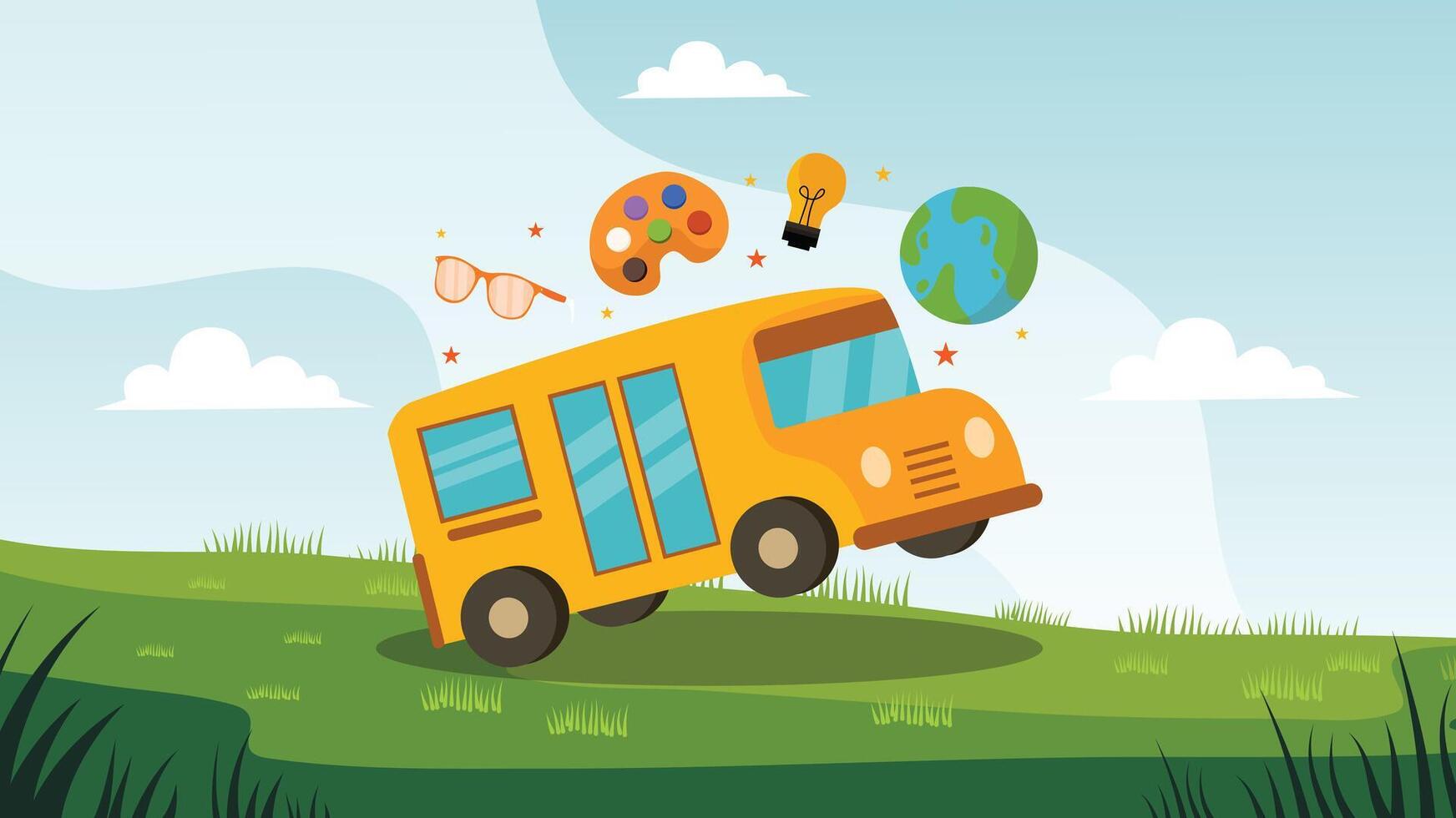 Yellow school bus with creative icons vector