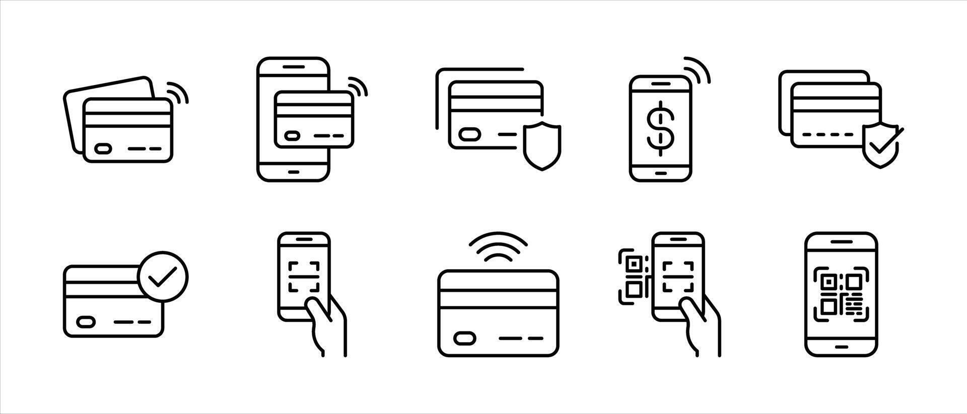 set of credit card and digital payment thin line icon. contain digital wallets, QR code transaction, and contactless payment icon for your app and web vector