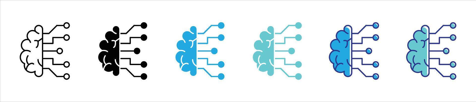 brain integrated circuit icon set. containing embodying AI, neural network, essence of intelligent computing, deep learning thin line and color style icon symbol sign for your app and web vector