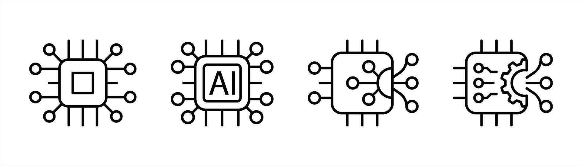 chip icon set. contain chipset of intelligence, processing power, machine learning, microchip evolution from core processors to AI intelligence thin line icon symbol sign vector