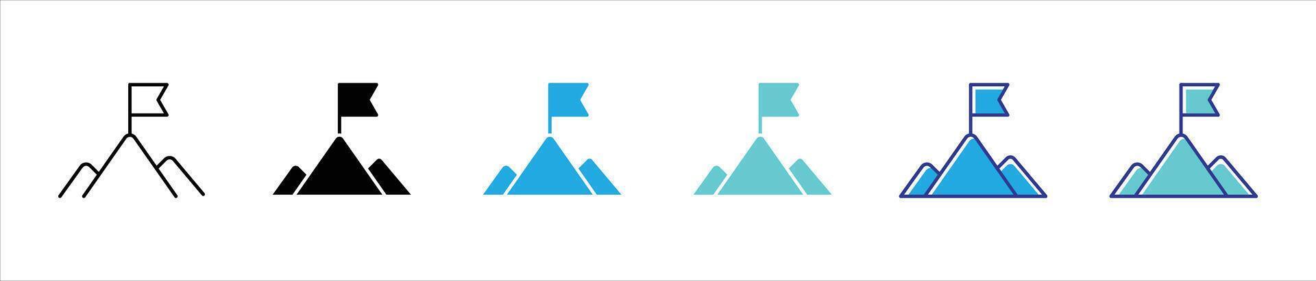 goal target icon set. containing mission, success, ambition, and the journey to reach new summits with a flag at the peak thin line and color style symbol sign vector