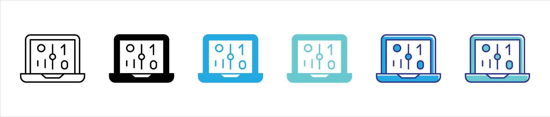 digital laptop icon set. containing AI powered binary computing for the future of technology, decoding artificial intelligence in personal computing thin line and color style icon vector