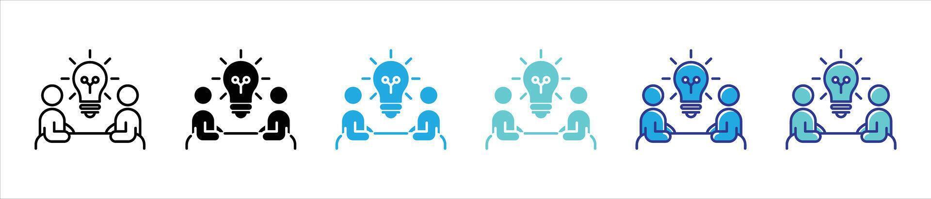 collaborative symbolizing brainstorming icon set. containing innovation, problem solving in creative teamwork thin line and color style icon symbol sign vector