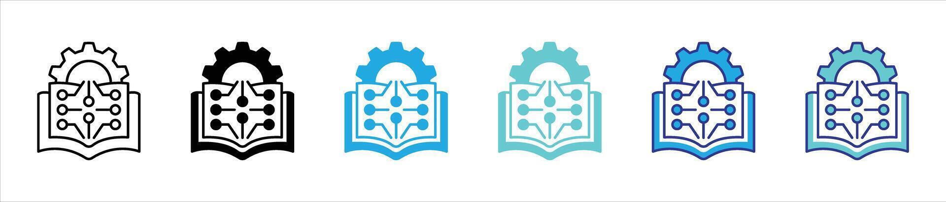 mechanized mind icon set. containing fusion of knowledge, technology, and intelligence through learning system thin line and color style icon symbol sign vector