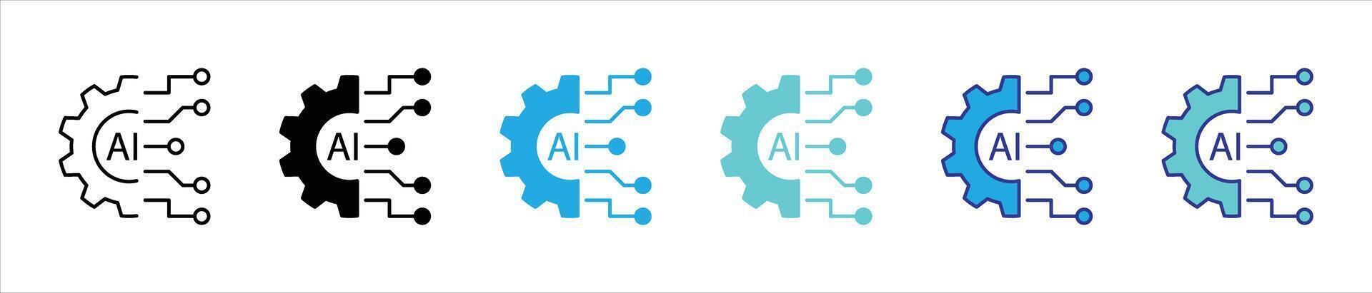 artificial intelligence icon set. containing AI gear and circuit, revolutionizing digital intelligence and connectivity through innovative thin line and color style symbol sign for your app web vector