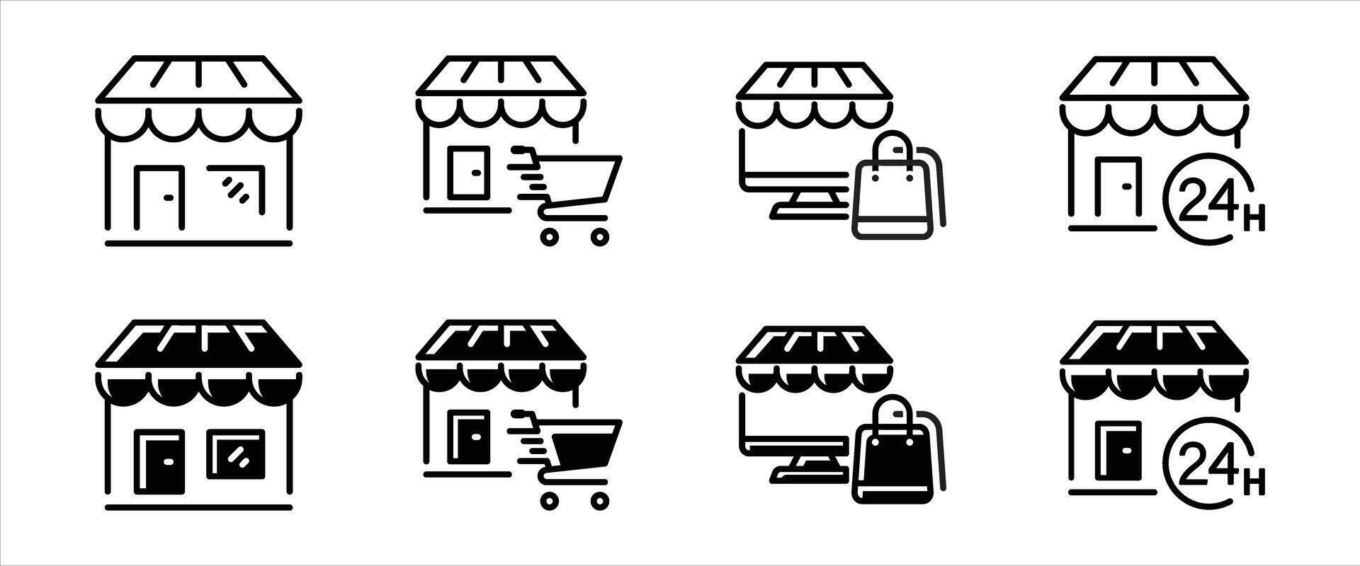 store icon set. containing retail, storefronts, ecommerce platforms, cart, 24 service representation thin line and flat icon for your app and web vector