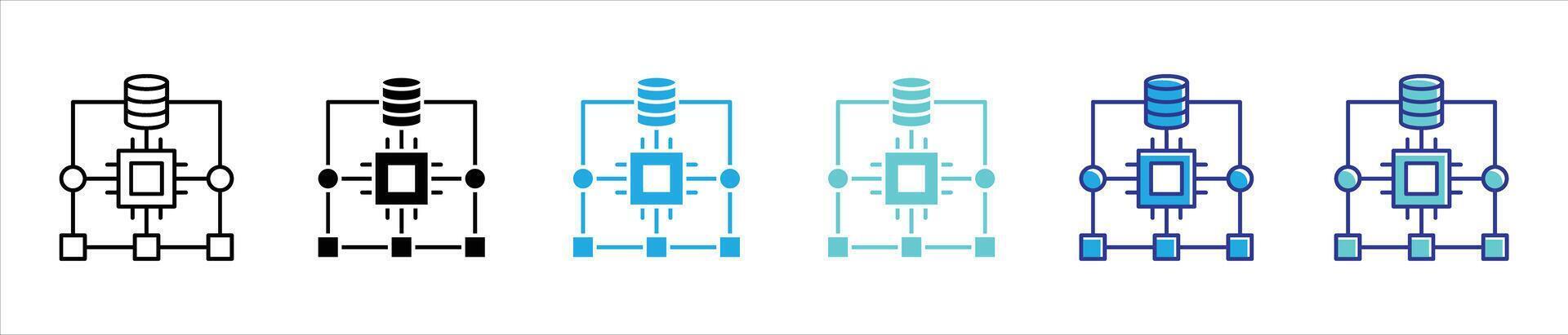 data circuitry icon set. containing data management and AI driven computational power thin line and color style icon symbol sign vector