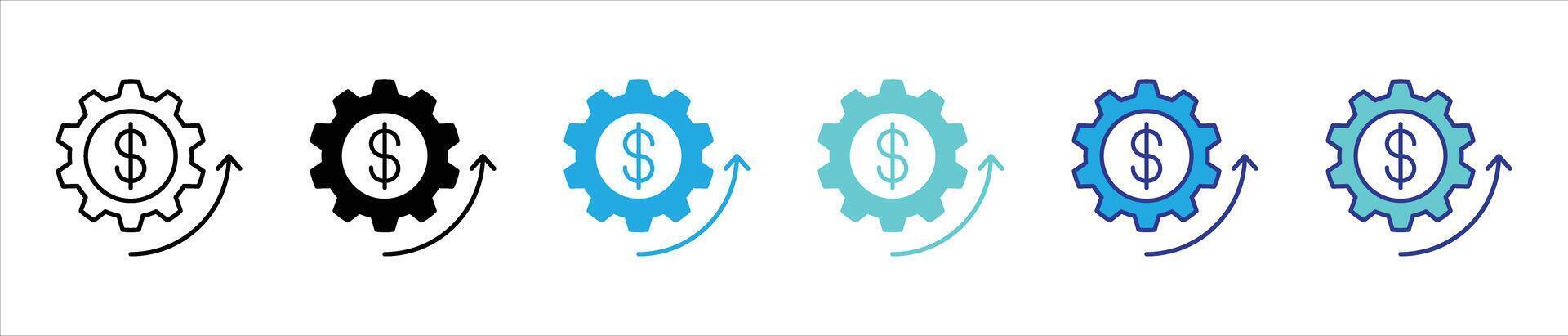 monetary mechanism icon set. gear inspired financial system with dollar movement for business optimization thin line and color style icon symbol sign vector