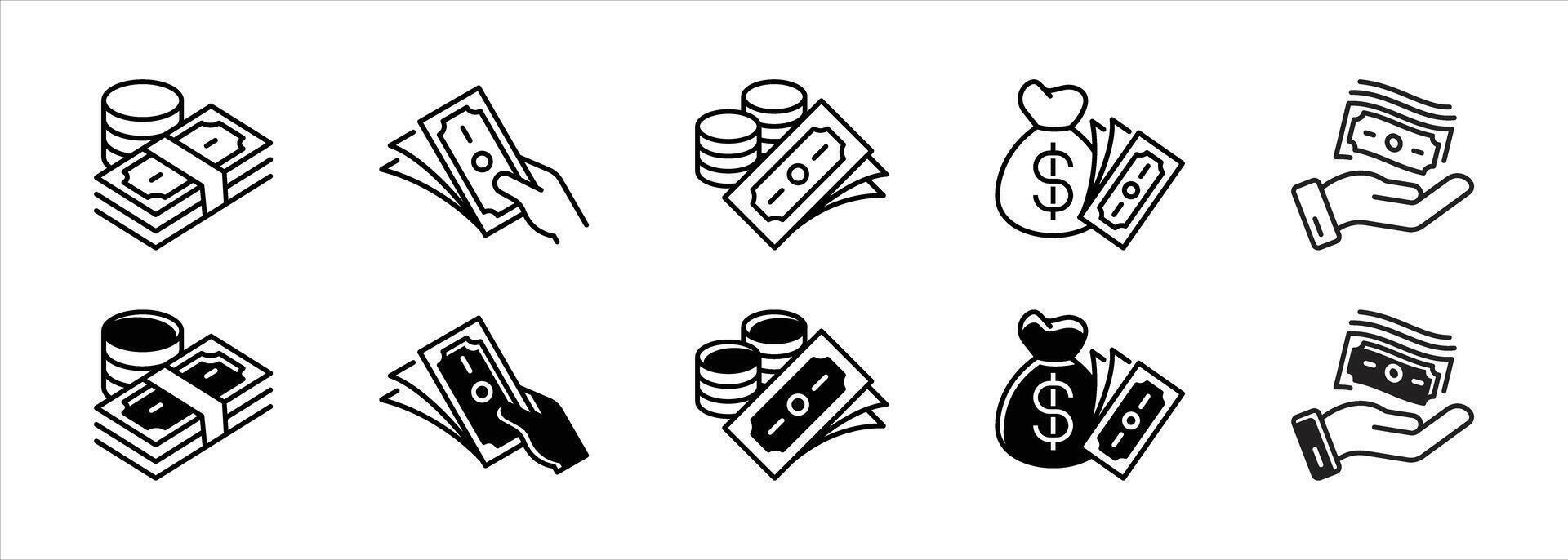 money icon set. containing minimalist line art illustration representing cash, payment, wealth transaction thin line and flat icon for your app and web vector